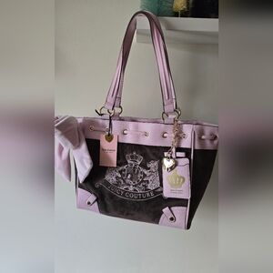 Juicy Couture Classic Scottie Dogs Tote Chocolate Brown Pink Trim NWT